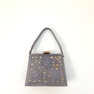 Vintage Gray Blue Embossed Leather Cut Outs Purse Bag Handbag